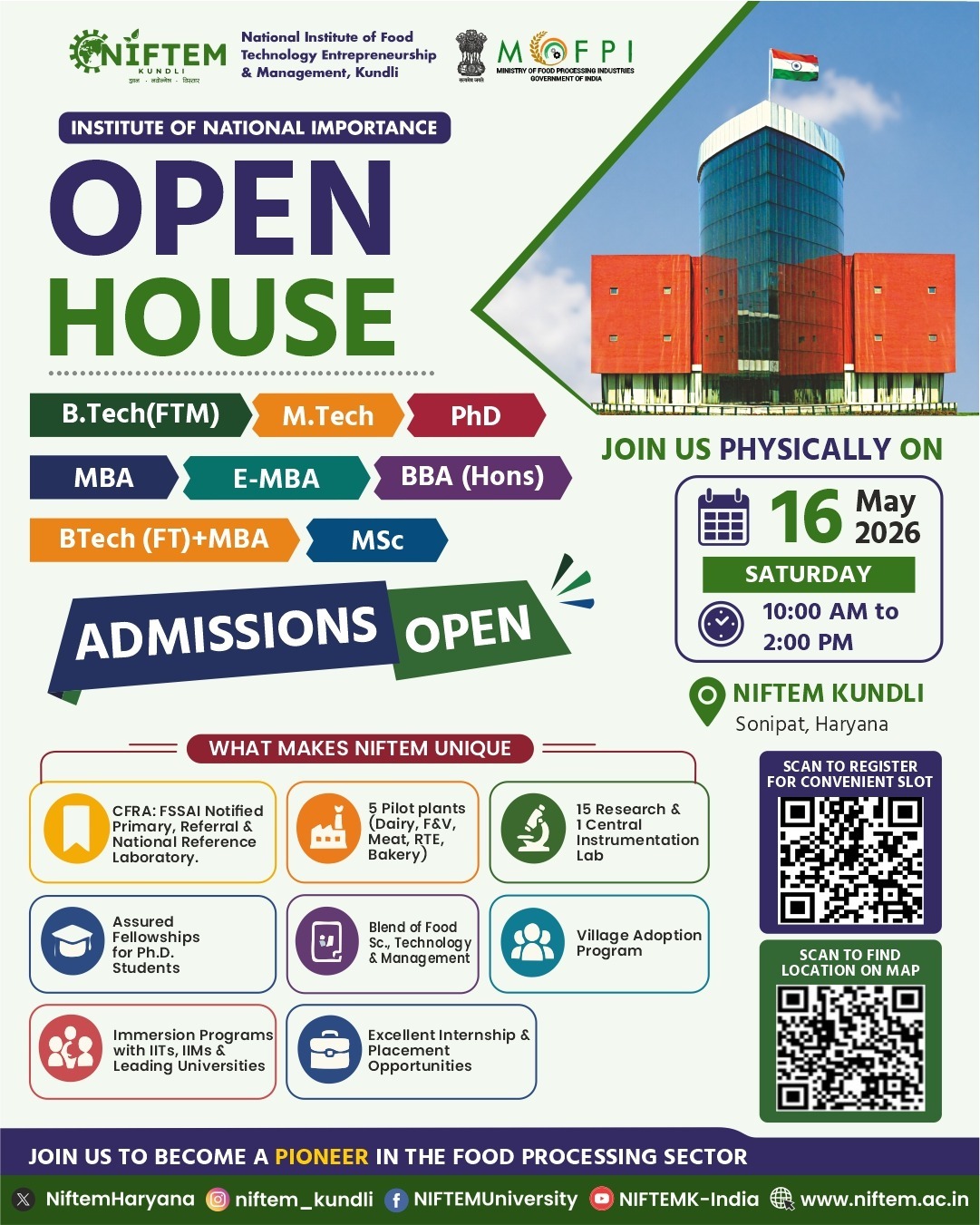 Open House invitation:16th May, 2026 at NIFTEM campus kundli, for UG, PG and Ph.D admissions